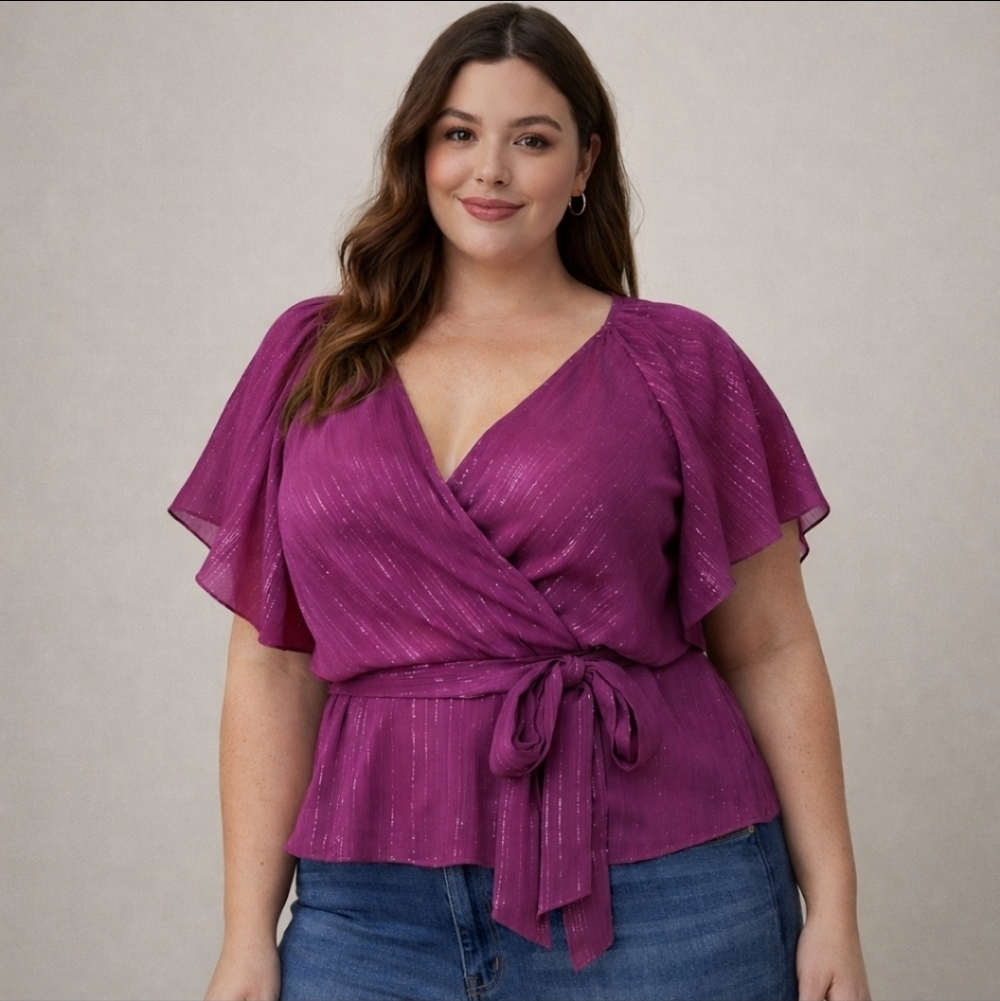 Women's Purple Wrap Blouse with Tie Waist